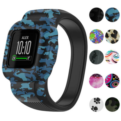 Infinity Print Band for Garmin Vivofit Jr. 3 features a stylish blue camouflage design. Perfect for kids, it offers comfort and durability while enhancing your smartwatch's look