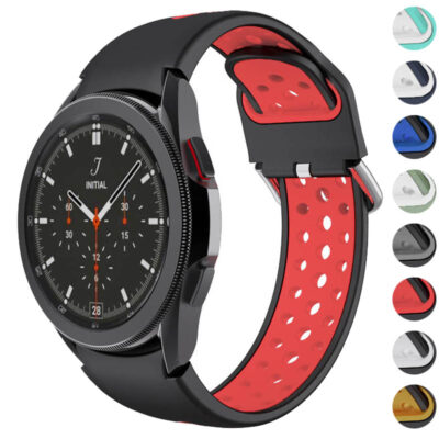 ColorBlock Endurance Strap for Samsung Galaxy Watch 5 & 4. Stylish black and red design with breathable holes for comfort. Upgrade your watch with this durable, fashionable strap