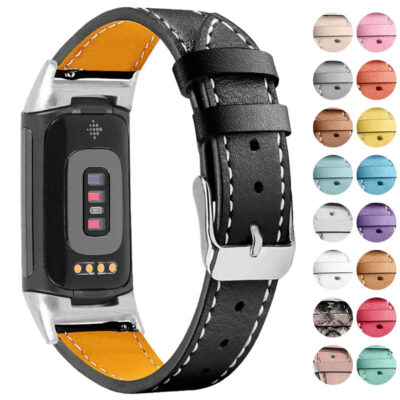 Everyday Leather Band for Fitbit Charge 5 offers a stylish and comfortable fit. Durable black leather with a vibrant orange interior, perfect for daily wear. Upgrade your smartwatch today!