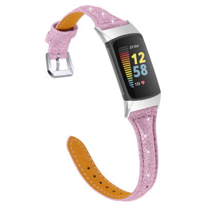 Celestial Leather Strap for Fitbit Charge 6 features a stylish pink glitter design with a comfortable brown underside. Upgrade your fitness tracker with this chic accessory!