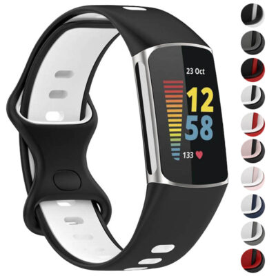 AirTech Strap for Fitbit Charge 5, featuring a sleek black design with breathable holes for comfort. Perfect for fitness enthusiasts seeking style and durability. Available in multiple colors