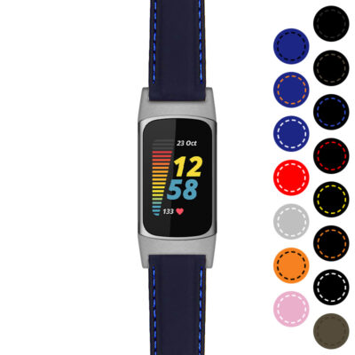 Stitched Rubber Strap for Fitbit Charge 5 in navy blue with contrasting stitching. Durable and stylish, perfect for fitness enthusiasts. Available in multiple colors for a personalized look