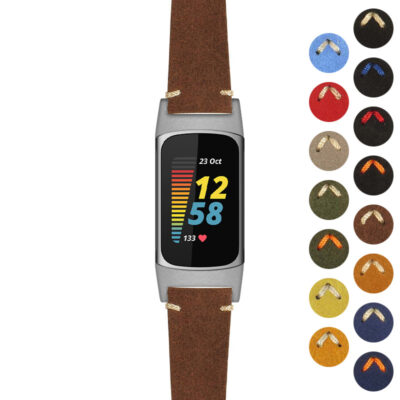 Artisan Suede Strap for Fitbit Charge 5, featuring a stylish brown design. Upgrade your fitness tracker with this premium watch band. Available in multiple colors for a personalized touch