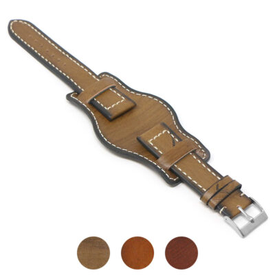 Vintage leather bund strap by DASSARI, featuring a stylish design with contrasting stitching. Available in sizes 18mm, 20mm, 22mm, and 24mm for a perfect fit