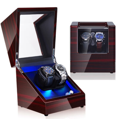 Elegant Ebony Watch Winder for 2 Watches, featuring a sleek design with LED lighting. Perfect for keeping your timepieces wound and displayed beautifully. Ideal for watch enthusiasts