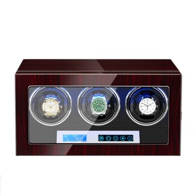 Ebony Touch Screen LED Watch Winder for 3 Watches: Elegant storage solution with a sleek design, perfect for keeping your automatic timepieces wound and ready to wear. Ideal for watch enthusiasts