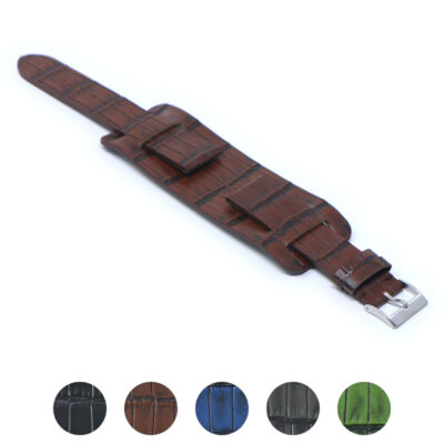 Vintage Alligator Embossed Leather Cuff Strap by DASSARI, available in sizes 18mm to 24mm. Upgrade your watch with this stylish, high-quality leather strap perfect for any occasion