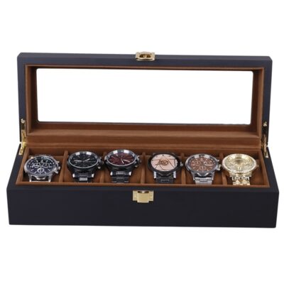 Heritage Watch Box for 6 Watches features a sleek design with a glass top and plush interior, perfect for organizing and showcasing your watch collection