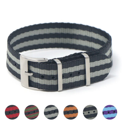 Bond Single Pass Seat Belt Strap for Blancpain, featuring a durable design with stylish black and gray stripes. Perfect for enhancing your watch's look and comfort