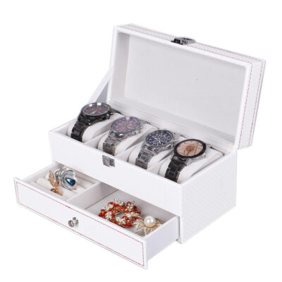 Stylish White Carbon Fiber Watch & Jewelry Box for 4 Watches. Perfect for organizing your watch bands and accessories while adding a touch of elegance to your collection