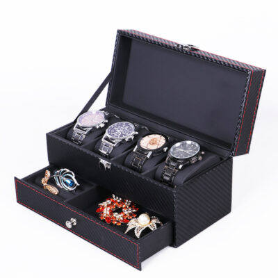 Stylish Black Carbon Fiber Watch & Jewelry Box for 4 Watches. Perfect for organizing and displaying your favorite timepieces and accessories. Ideal for watch enthusiasts