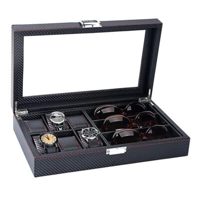 Stylish Carbon Fiber Watch & Sunglasses Storage for 6 Watches. Perfect for organizing and displaying your favorite timepieces and eyewear. Ideal accessory for watch enthusiasts