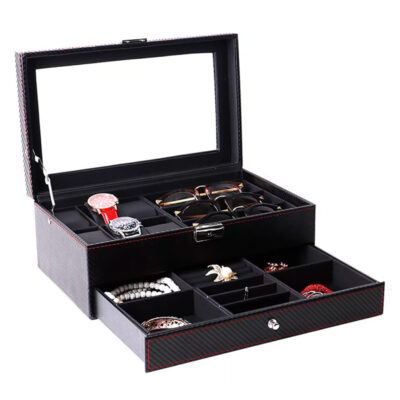 Double Layer Carbon Fiber Combination Watch, Sunglass & Jewelry Box. Stylish storage for watches, sunglasses, and jewelry. Perfect for keeping accessories organized and protected