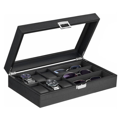 Stylish Black Carbon Fiber Combination Watch Sunglasses Box for 6 watches. Perfect for organizing your accessories while adding a sleek touch to your collection. Ideal for watch lovers!