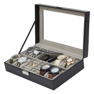 Matte Black Combination Watch Jewelry Box for 8 Watches, perfect for organizing and displaying your watch collection. Stylish and functional, ideal for watch enthusiasts and collectors