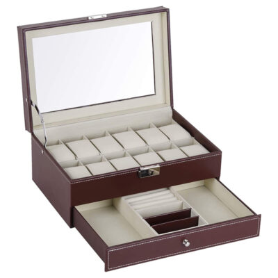 Brown & Beige Double Layer Combination Watch and Sunglasses Box for 12 Watches. Stylish storage solution with a mirror and drawer for accessories. Perfect for watch enthusiasts