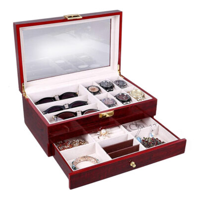 Cherry Double Layer Combination Watch, Sunglasses & Jewelry Box offers stylish storage for watches, sunglasses, and jewelry. Keep your accessories organized and secure with this elegant box