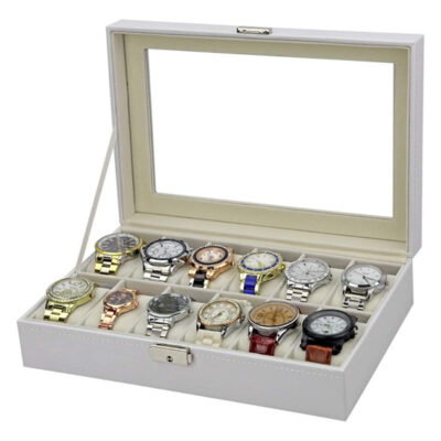 Stylish White Leatherette Watch Case for 12 Watches, perfect for organizing and displaying your timepieces. Ideal for watch enthusiasts and collectors. Shop now at Ele Straps!