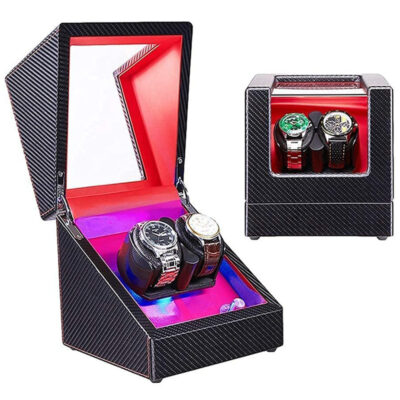 Carbon fiber watch winder with a striking red interior and LED lights, designed to hold and display two watches elegantly while keeping them wound and ready to wear