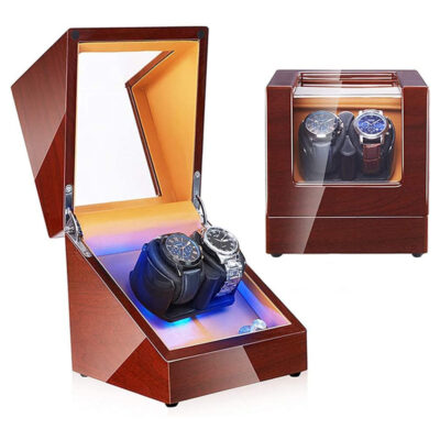 Glossy Brown Watch Winder for Two Watches with LED Lights. Perfect for keeping your automatic watches wound and displayed elegantly. A stylish accessory for watch enthusiasts