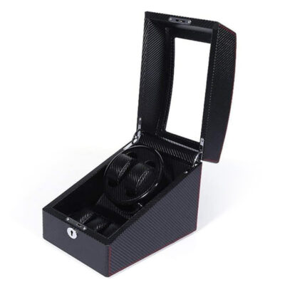 Key Locked Watch Winder with Storage for Two Watches. This sleek, carbon fiber design keeps your automatic watches wound and secure, perfect for watch enthusiasts and collectors