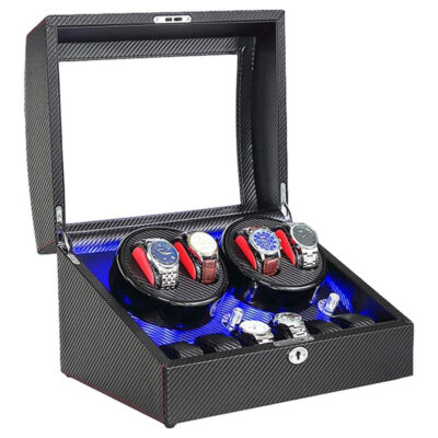 Shop the Carbon Fiber Key Locked Watch Winder with LED lights, designed to store and wind up to 4 watches. Perfect for watch enthusiasts seeking style and functionality