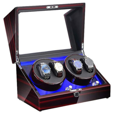 Glossy dark cherry watch winder with LED lights, designed to hold and display up to 4 watches, featuring a sleek storage compartment and a stylish mirrored lid