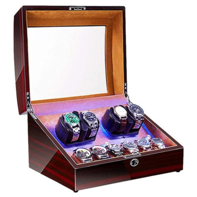 Glossy Light Cherry Watch Winder with storage and LED lights for 4 watches. Perfect for keeping your timepieces organized and displayed elegantly. Ideal for watch enthusiasts