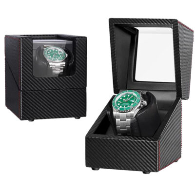 Black Carbon Fiber Single Watch Winder showcasing a sleek design with a glass top, perfect for storing and displaying luxury watches. Ideal for watch enthusiasts and collectors