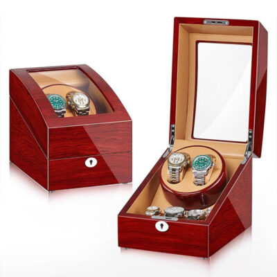 Wood Grain Watch Winder with Storage for 2 Watches. Elegant design with a glass lid, perfect for keeping your automatic watches wound and organized. Ideal for watch enthusiasts!