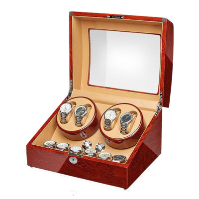 Elegant Rosewood Watch Winder with storage for 4 watches. Perfect for keeping your timepieces wound and organized. Ideal accessory for watch enthusiasts at Ele Straps