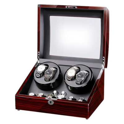 Elegant dark cherry watch winder with storage for 4 watches. Features two rotating watch holders and a mirror, perfect for keeping your timepieces organized and ready to wear