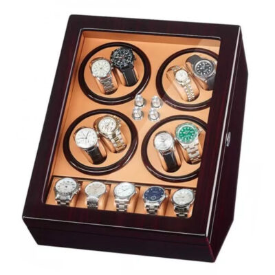 Elegant dark cherry watch winder featuring storage for 8 watches, showcasing a sleek design with an orange interior and circular slots for organized display and winding