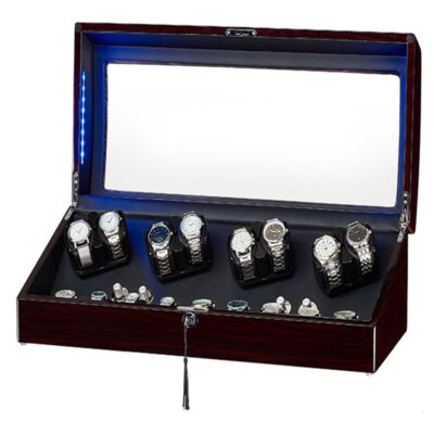 Dark Cherry Rectangle Watch Winder with storage for 8 watches. Perfect for keeping your timepieces wound and displayed elegantly. Ideal for watch enthusiasts and collectors