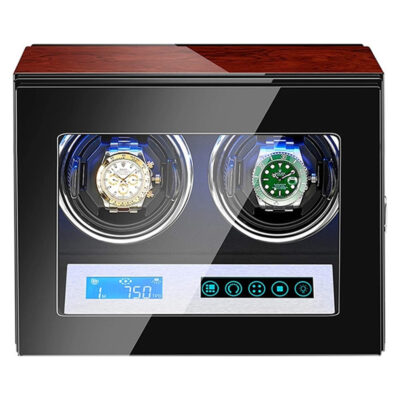 Dark Cherry Touch Screen LED Watch Winder for 2 Watches. Keep your luxury timepieces wound and displayed elegantly. Perfect for watch enthusiasts and collectors