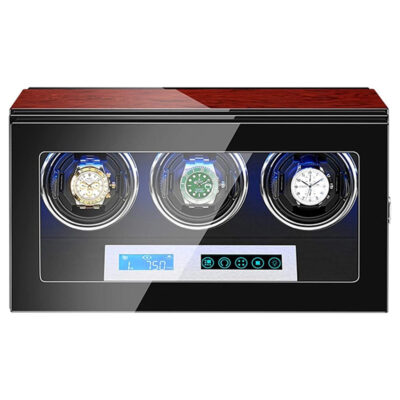 Dark Cherry Touch Screen LED Watch Winder designed for 3 watches, featuring a sleek black finish, clear display, and intuitive controls for optimal watch care and presentation