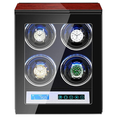 Dark Cherry Touch Screen LED Watch Winder for 4 Watches. Keep your timepieces safe and wound with this stylish, high-quality watch winder featuring a sleek design and LED display