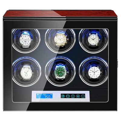 Dark Cherry Touch Screen LED Watch Winder for 6 Watches. This stylish watch winder keeps your timepieces safe and wound, featuring a sleek design and easy-to-use touchscreen controls. Perfect for watch enthusiasts!