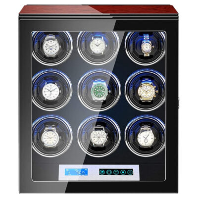 Dark Cherry Touch Screen LED Watch Winder designed for 9 watches, featuring a sleek black finish and illuminated display, ensuring your timepieces are always ready to wear