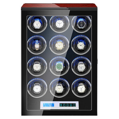 Dark Cherry Touch Screen LED Watch Winder designed for 12 watches, featuring a sleek black exterior, illuminated watch compartments, and a user-friendly touch screen interface