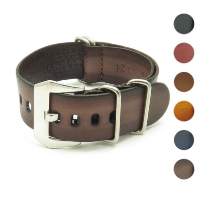 Faded Vintage Leather One-Piece Strap with Pre V Buckle, available in sizes 18mm to 26mm. Perfect for adding a classic touch to your watch. Durable leather material