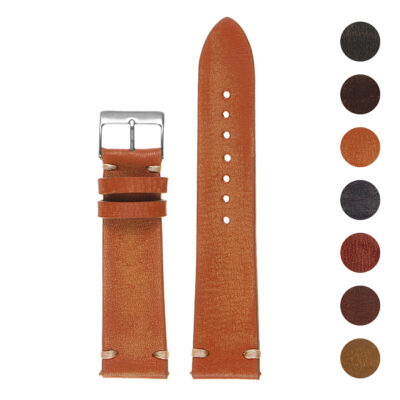 Hand-stitched vintage washed leather watch strap with quick release. Available in sizes 18mm, 20mm, 22mm, and 24mm. Perfect for adding style to your timepiece