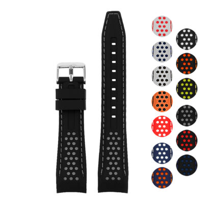 Rubber Perforated Rally Strap with Curved Ends in various sizes (20mm, 22mm, 24mm). Durable rubber material, perfect for sporty watches. Elevate your style with this sleek accessory