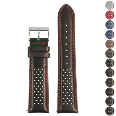 Perforated Rally Strap with Quick Release in black leather, featuring stylish red stitching. Available in sizes 18mm to 24mm, perfect for enhancing your watch's look