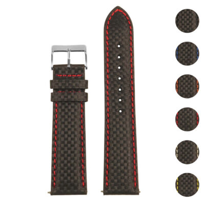 Padded Carbon Fiber Strap with Quick Release, featuring durable leather and stylish red stitching. Available in sizes 18mm to 24mm. Perfect for enhancing your watch's style