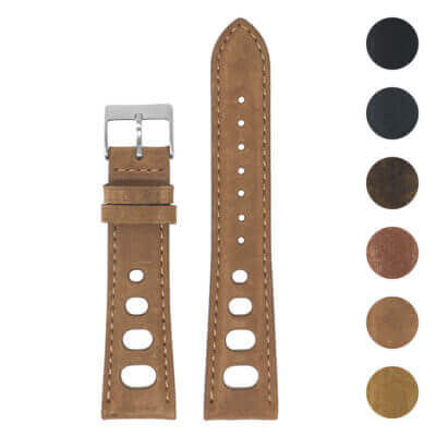 Distressed Leather Rally Strap by DASSARI, available in sizes 18mm to 24mm. Perfect for enhancing your watch with a stylish, rugged look. Quality leather and durable design