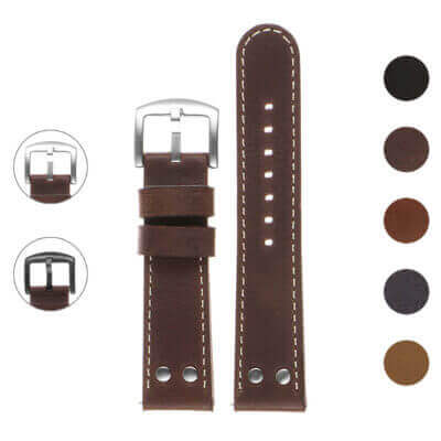 Vintage Leather Pilot Watch Band w/ Rivets by DASSARI, crafted from high-quality leather. Available in sizes 18mm, 20mm, 22mm, and 24mm. Perfect for a stylish upgrade!