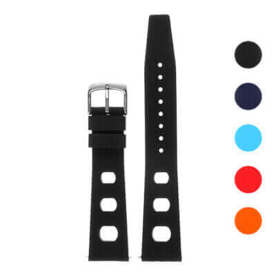 Vintage Style Rubber Rally Strap with Quick Release, available in sizes 18mm to 22mm. Durable rubber material, perfect for enhancing your watch's style and comfort