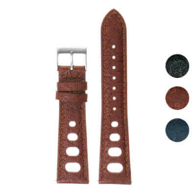 Vintage Leather Rally Strap by DASSARI features quick release functionality, available in sizes 18mm to 22mm. Perfect for adding a classic touch to your watch