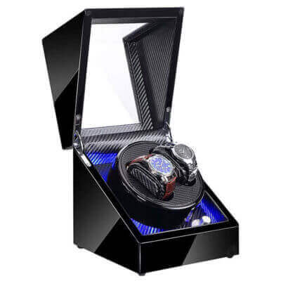 Piano Black & Carbon Fiber Watch Winder for 2 watches features LED lights. Perfect for luxury watch storage and maintenance. Elevate your watch accessories with style!